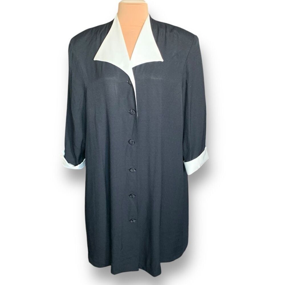Vintage Gemini II Black‎ Cream Button-Up Exaggerated Collar Coat Dress Plus Size